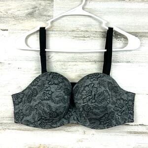 Cacique women 38C gray black floral multi way strapless bra removable straps NEW